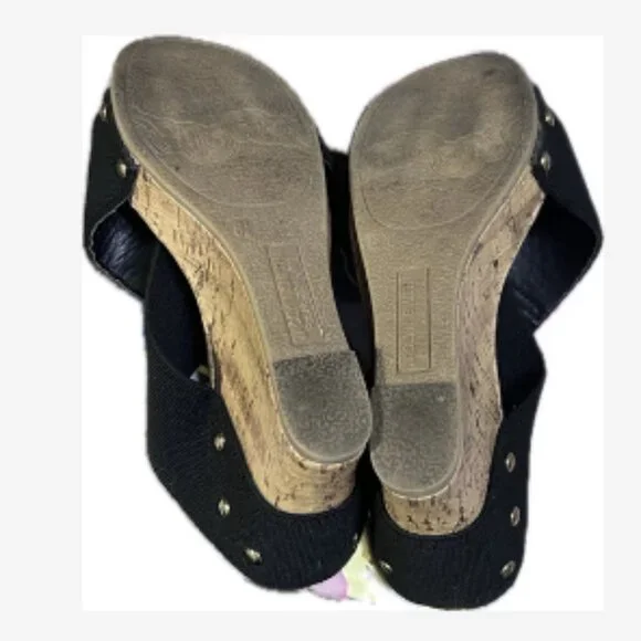 Jaclyn Smith Platform Sandals Women's Size 8.5 Black Elastic Straps 4" Cork Heel - Picture 4 of 5
